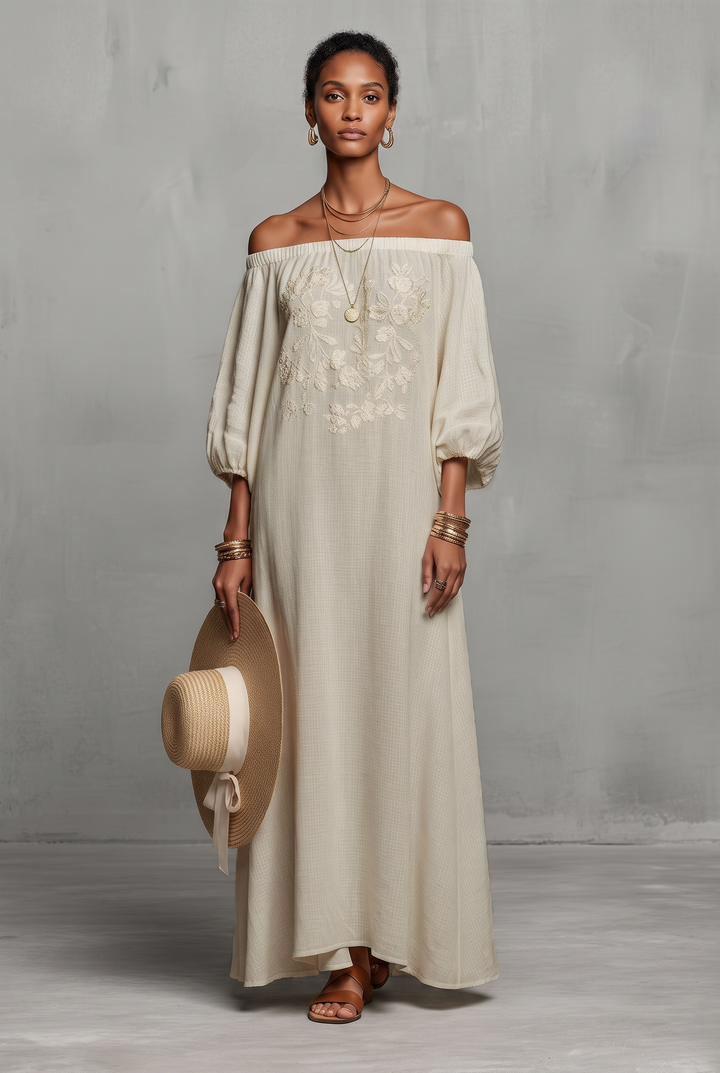 Off-the-shoulder three-quarter sleeve embroidered maxi dress - front view
