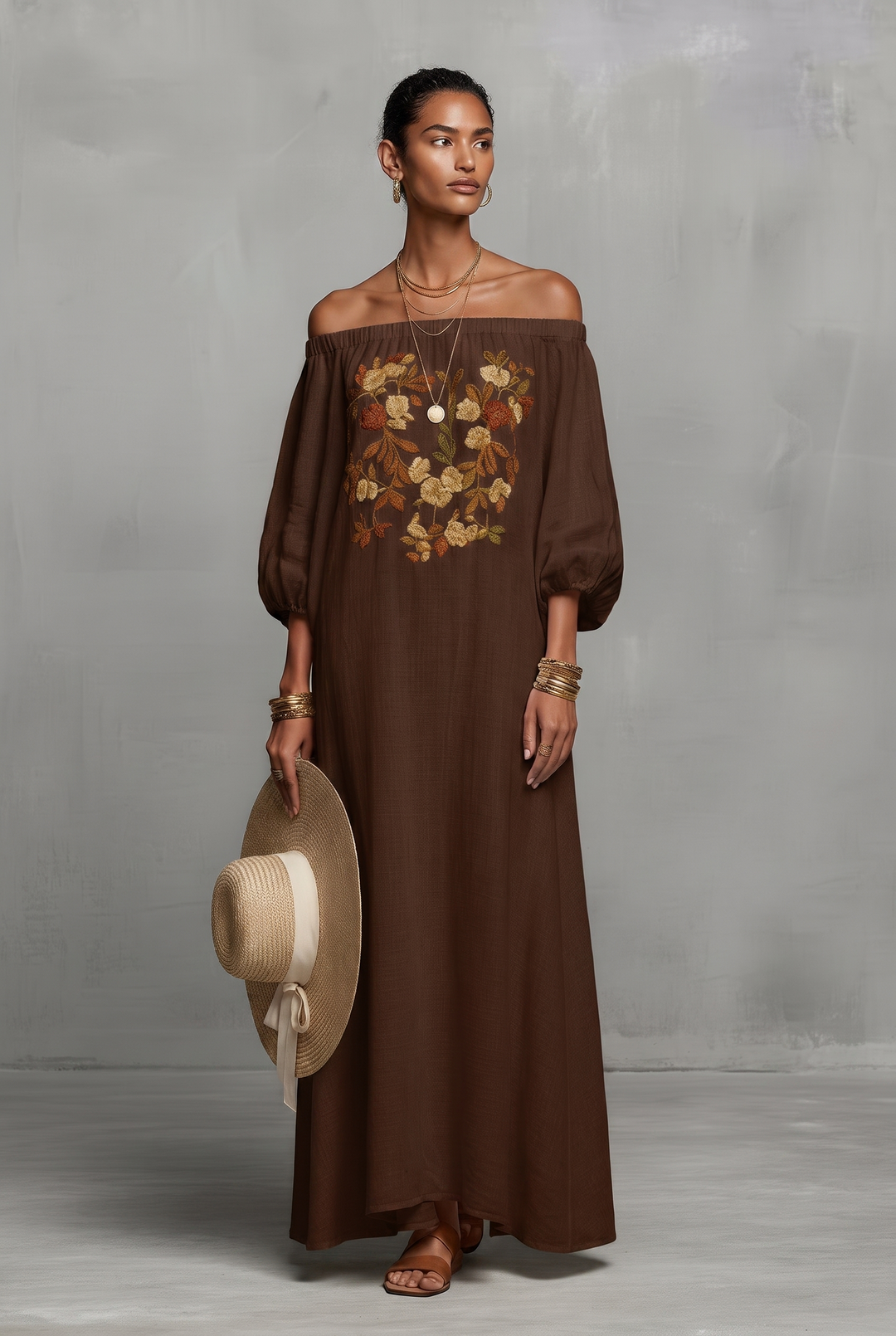 Off-the-shoulder three-quarter sleeve embroidered maxi dress in brown