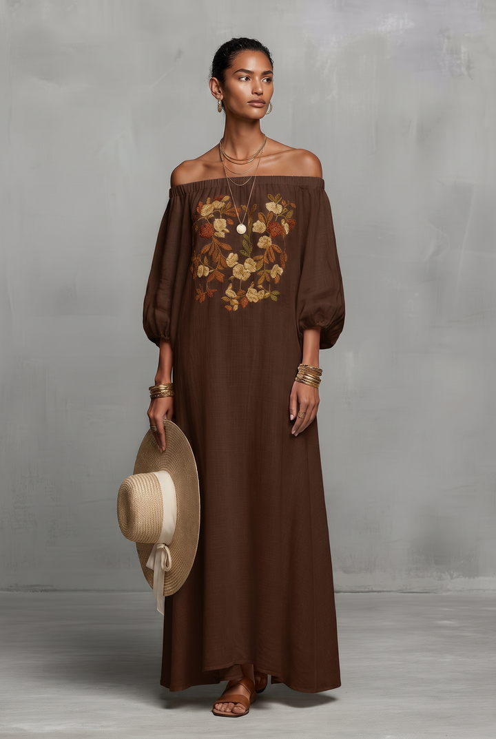 Off-the-shoulder three-quarter sleeve embroidered maxi dress in brown