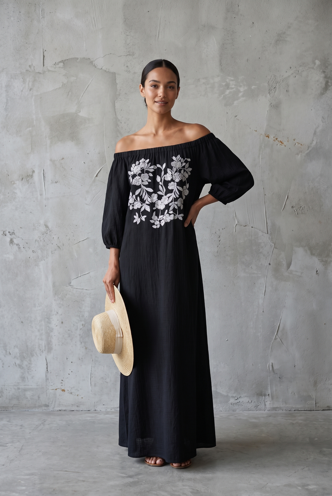 Off-the-shoulder three-quarter sleeve embroidered maxi dress in black