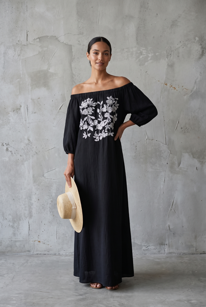 Off-the-shoulder three-quarter sleeve embroidered maxi dress in black