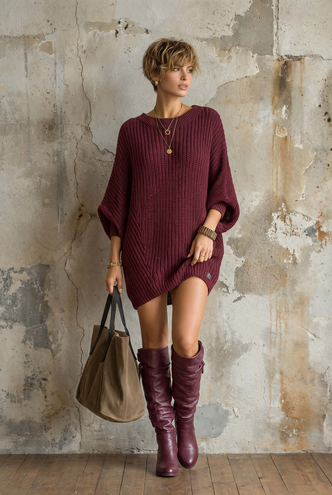 Loose knit batwing sleeve mini dress in red