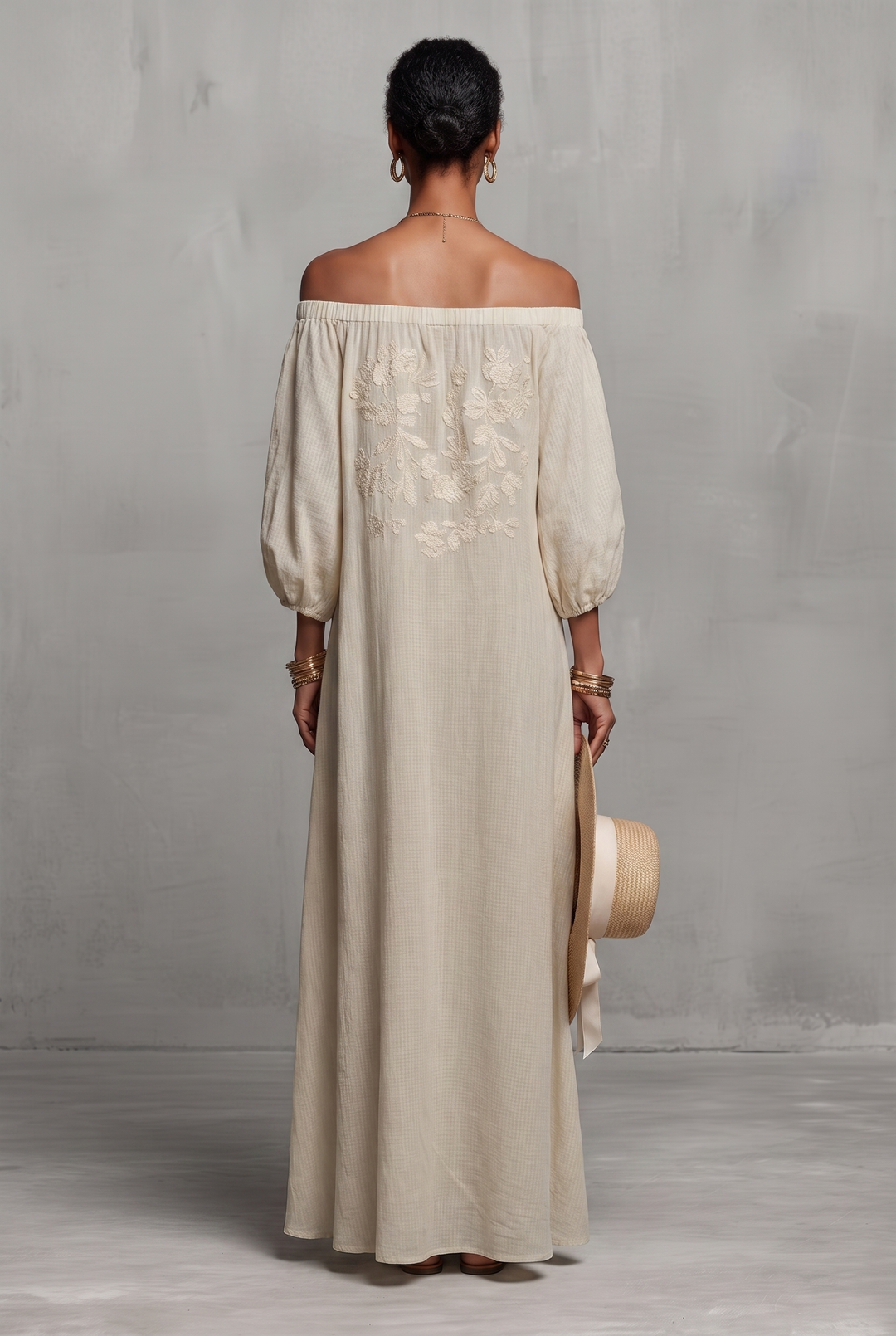 Off-the-shoulder three-quarter sleeve embroidered maxi dress - back view