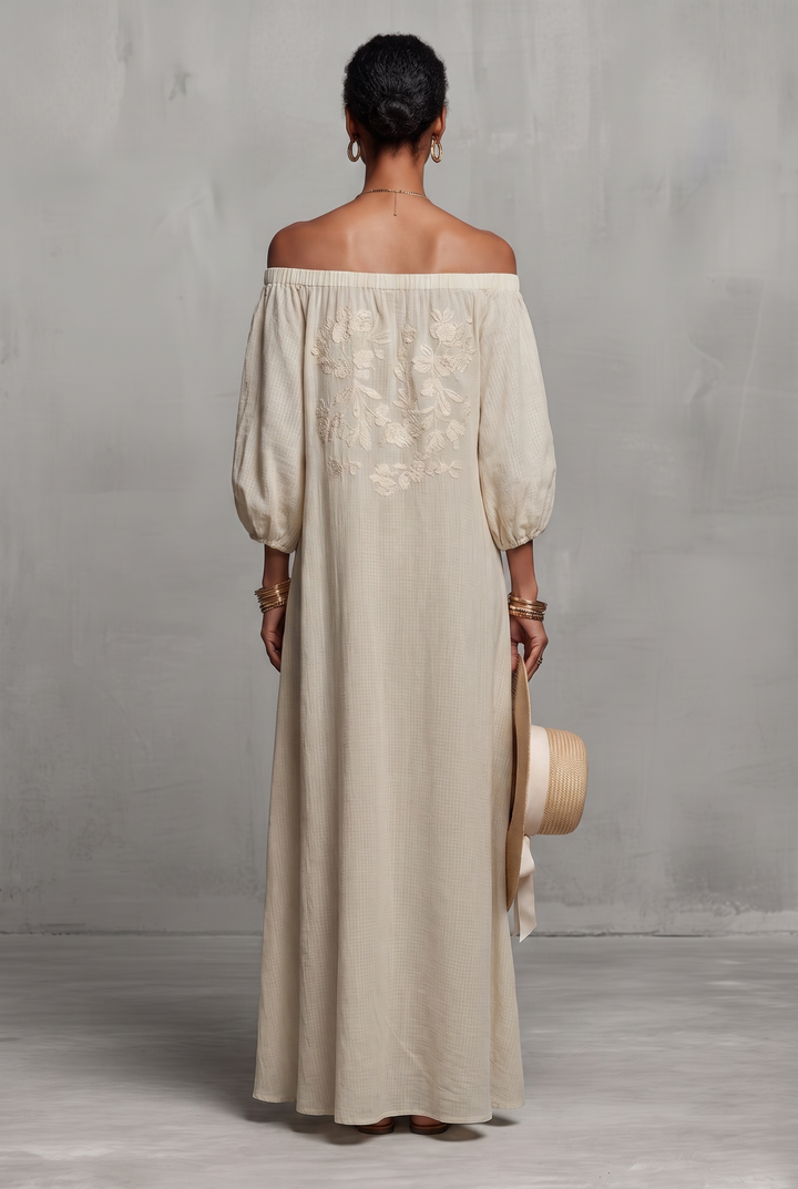 Off-the-shoulder three-quarter sleeve embroidered maxi dress - back view