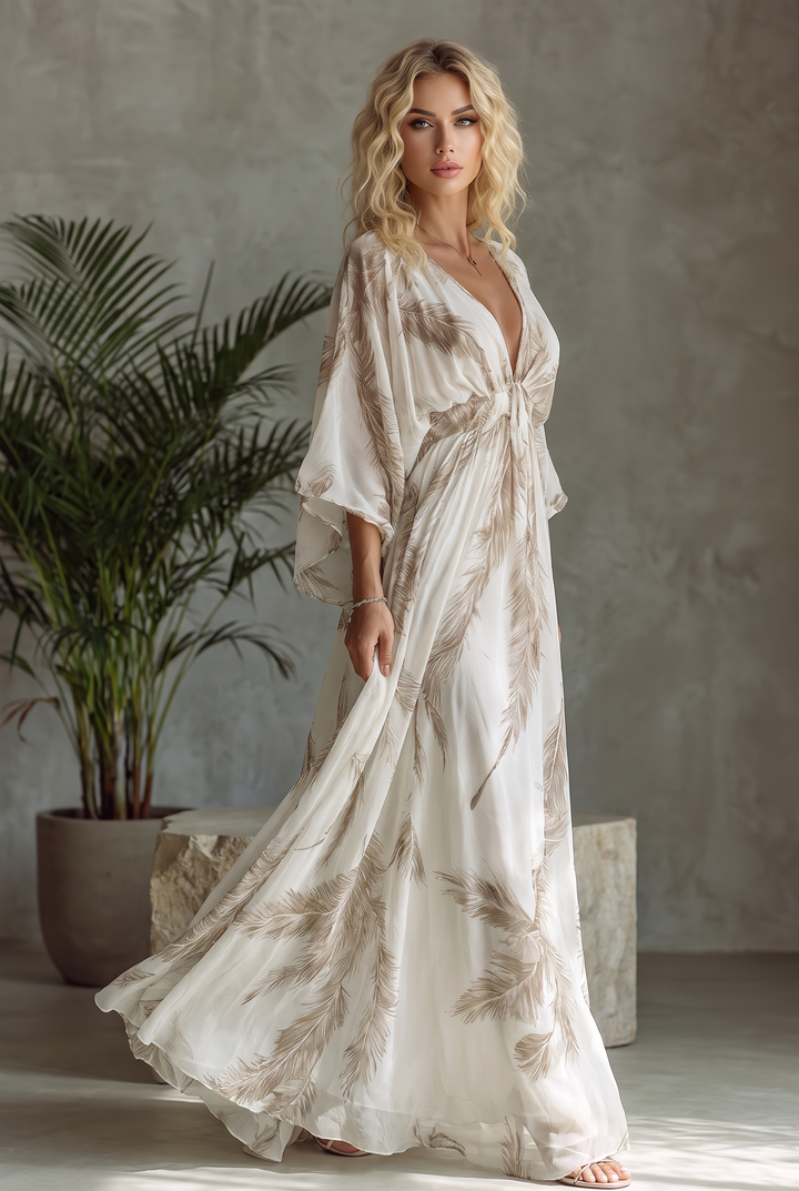 Ivory and taupe chiffon dolman sleeve maxi dress with palm leaf print - front view