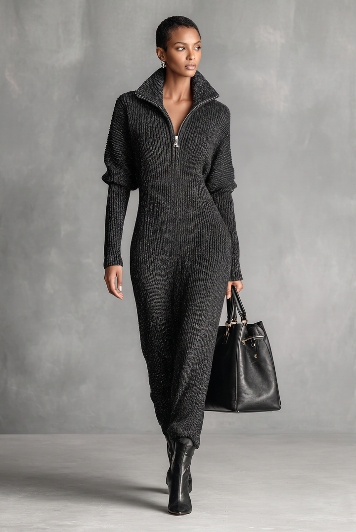 Dark gray minimalist knitted maxi dress with zipper neck - front view