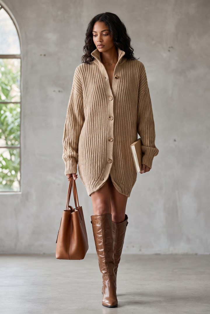 Camel button-front oversized mini cardigan dress - front view
