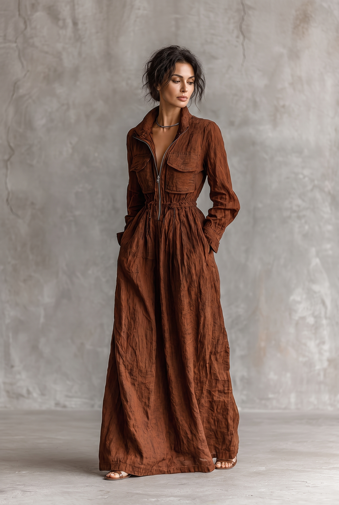 Dark brown cotton and linen maxi dress with zipper lapel and elastic waist - front view