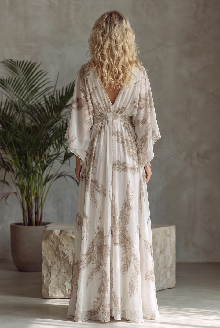 Ivory and taupe chiffon dolman sleeve maxi dress with palm leaf print - back view