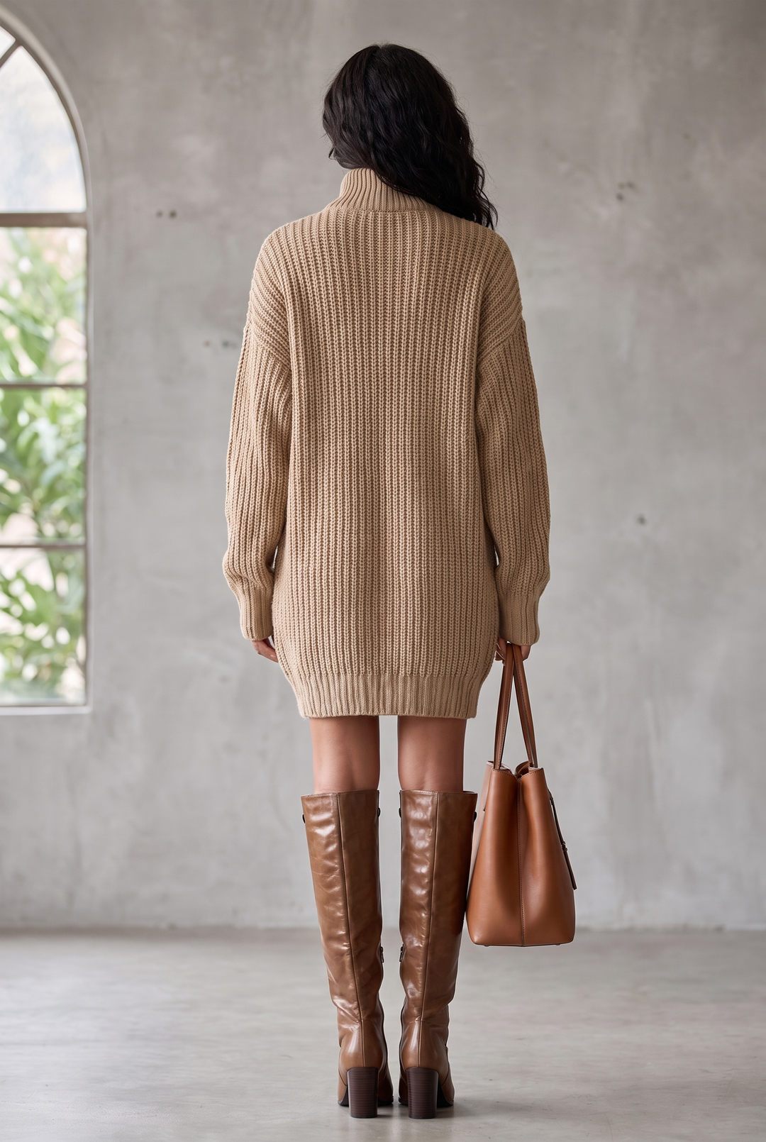 Camel button-front oversized mini cardigan dress - back view