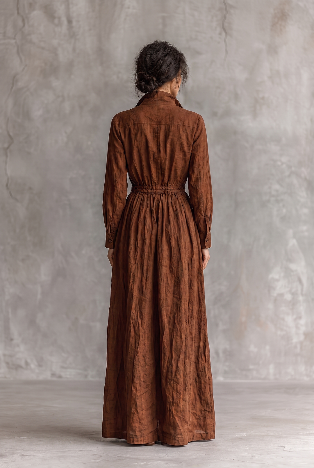 Dark brown cotton and linen maxi dress with zipper lapel and elastic waist - back view