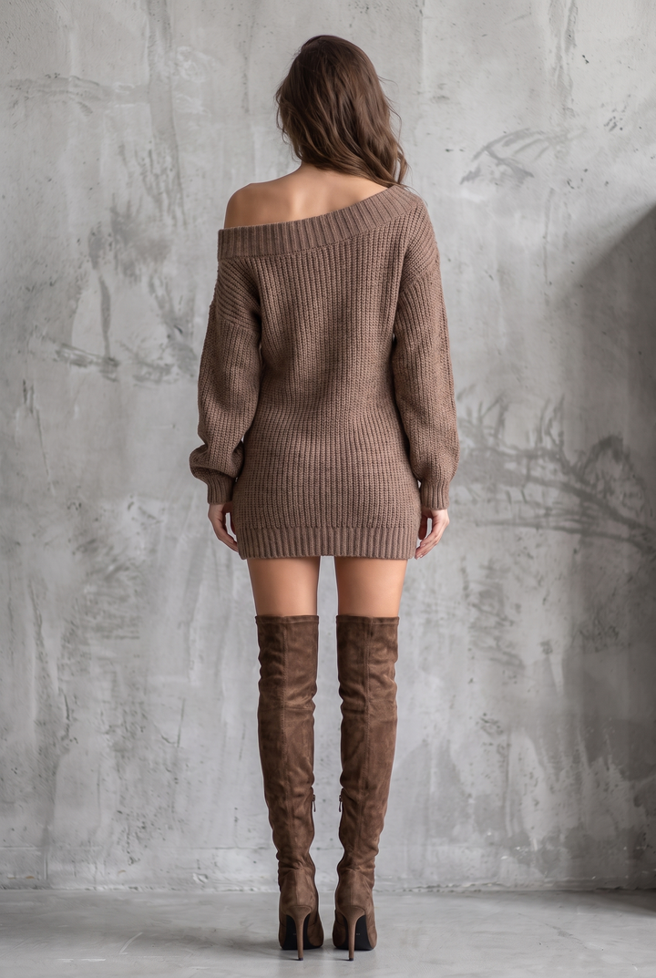 Brown off-shoulder knit mini dress - back view