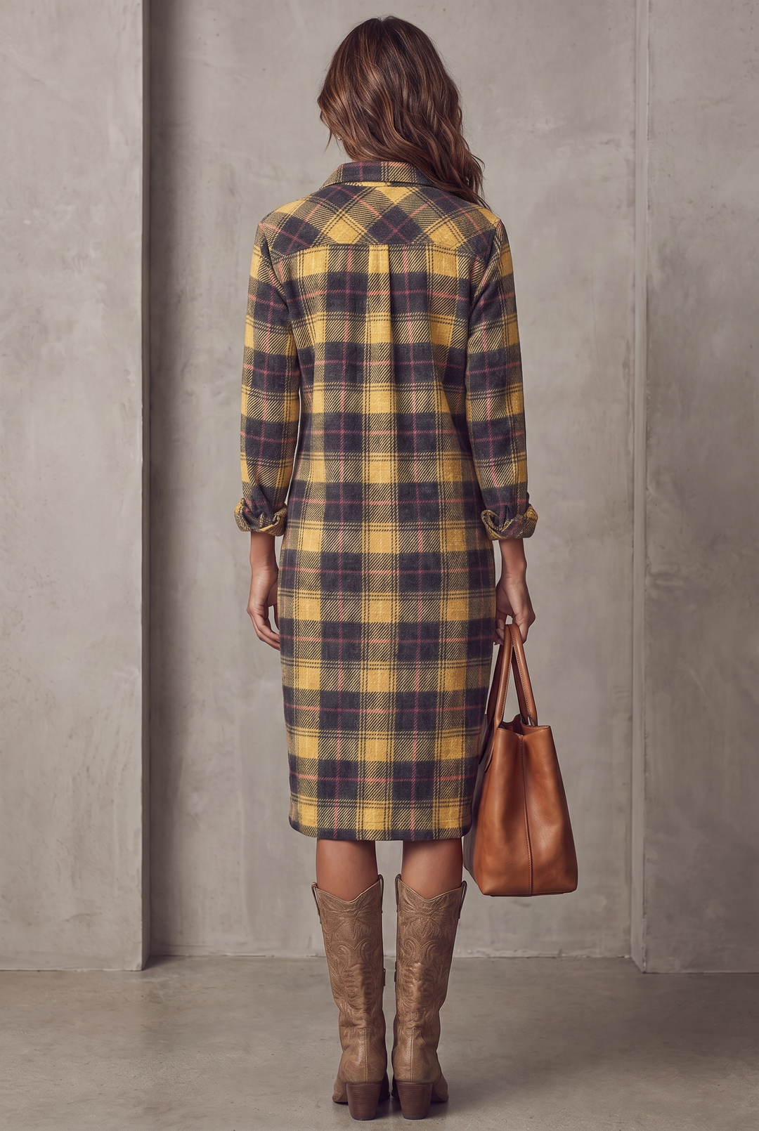 Yellow flannel plaid long sleeve shirt midi dress - back view