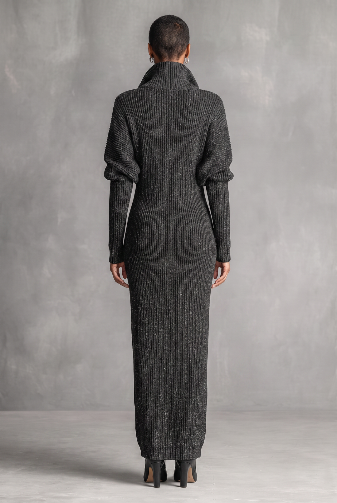 Dark gray minimalist knitted maxi dress with zipper neck - back view