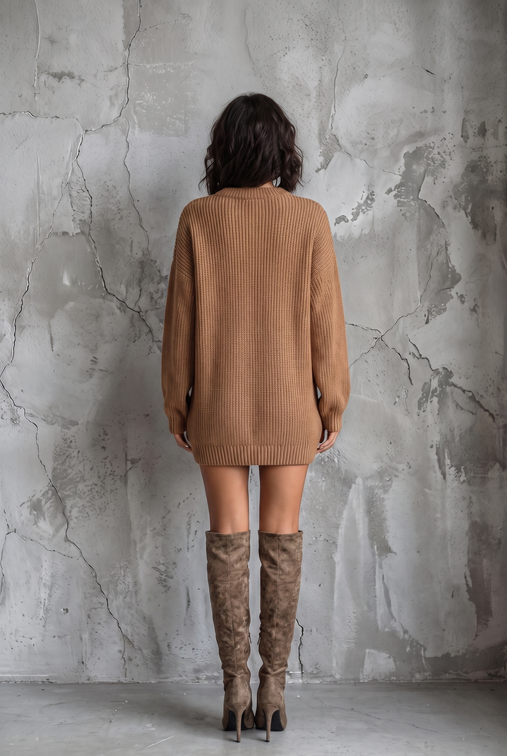 Caramel brown vintage style knit mini dress - back view