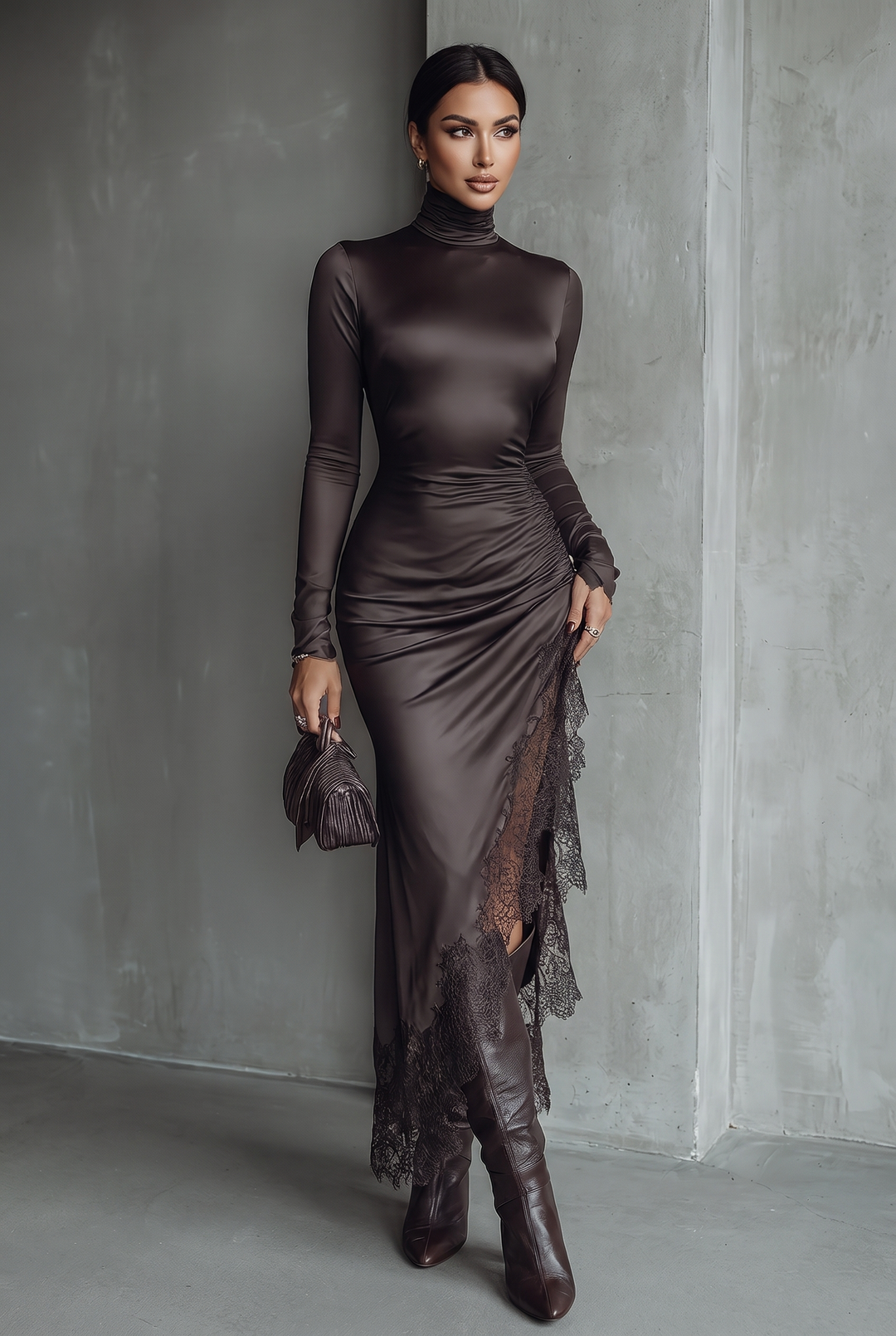 Dark brown satin slim maxi dress with irregular hem and lace - front view