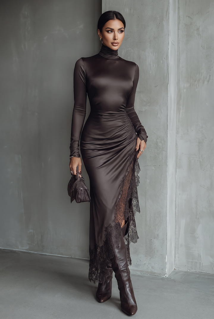 Dark brown satin slim maxi dress with irregular hem and lace - front view