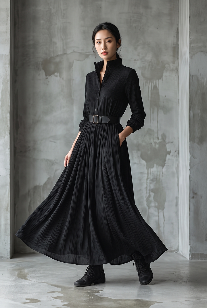 Black textured pleated vintage maxi dress - front view