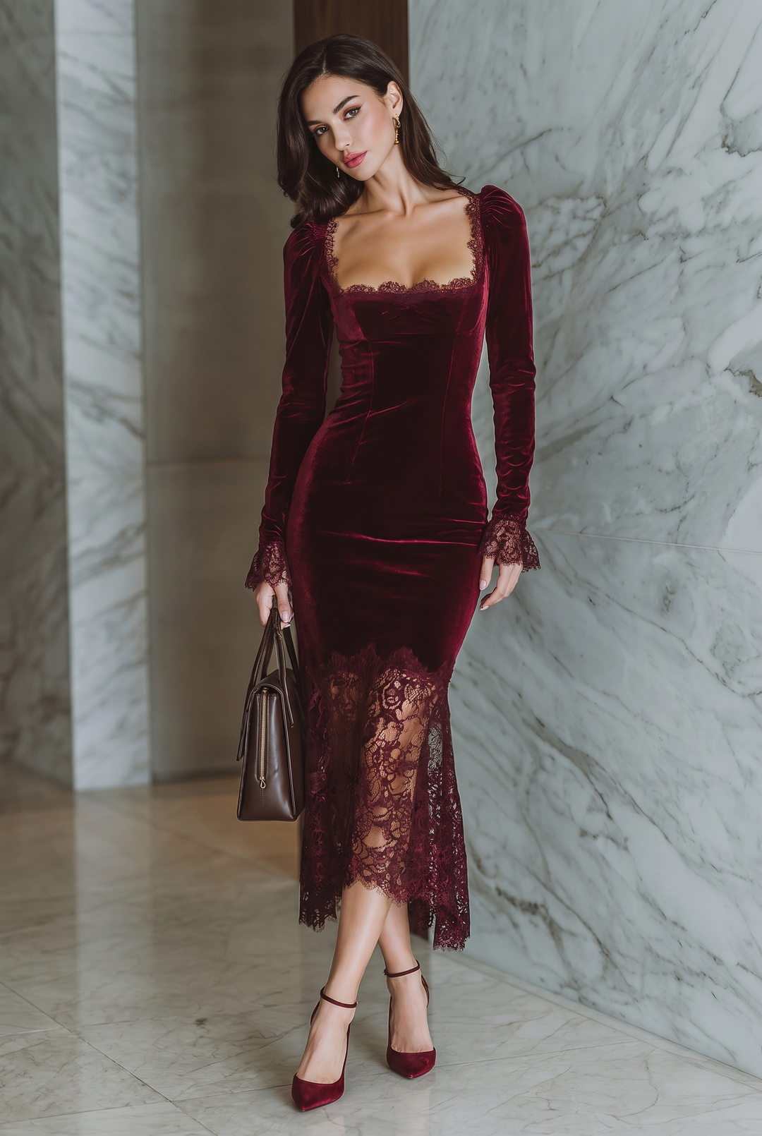 Burgundy velvet lace fitted maxi dress - front view