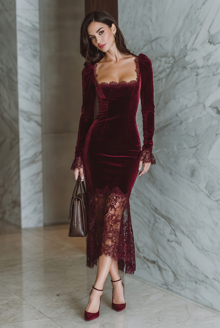 Burgundy velvet lace fitted maxi dress - front view