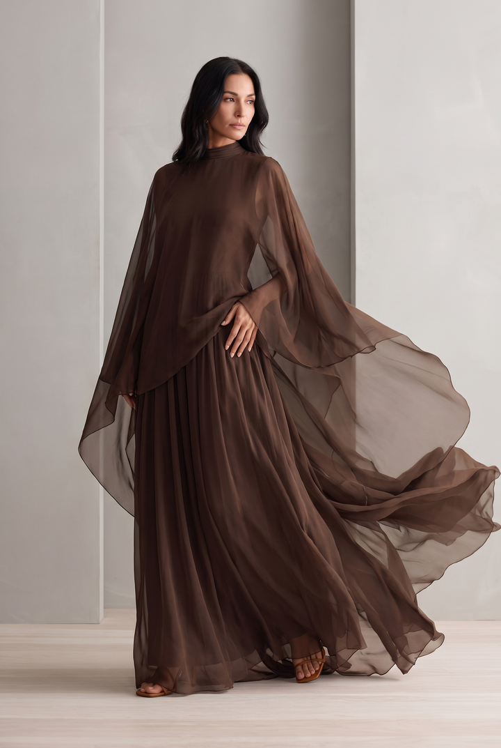 Rich brown chiffon maxi dress with cape-like design - front view