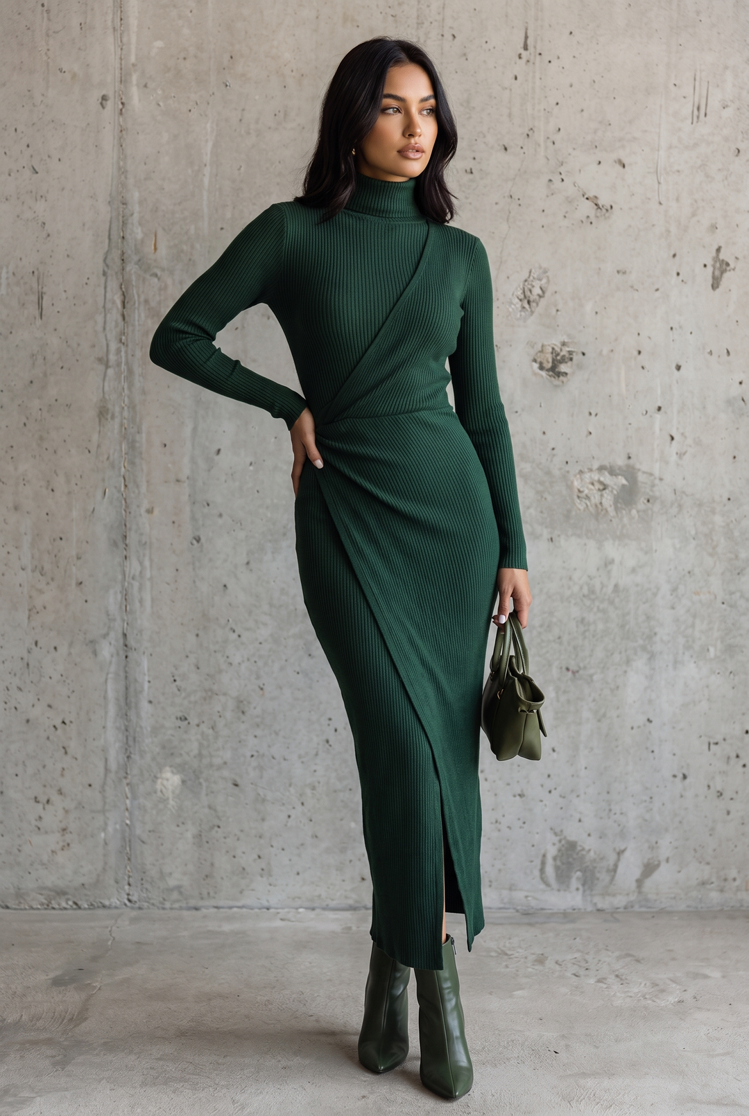 Dark green knitted high-neck wrap midi dress - front view