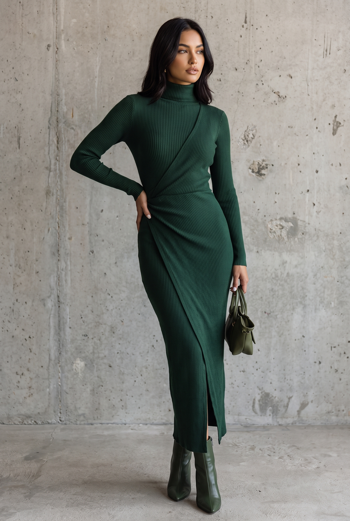 Dark green knitted high-neck wrap midi dress - front view