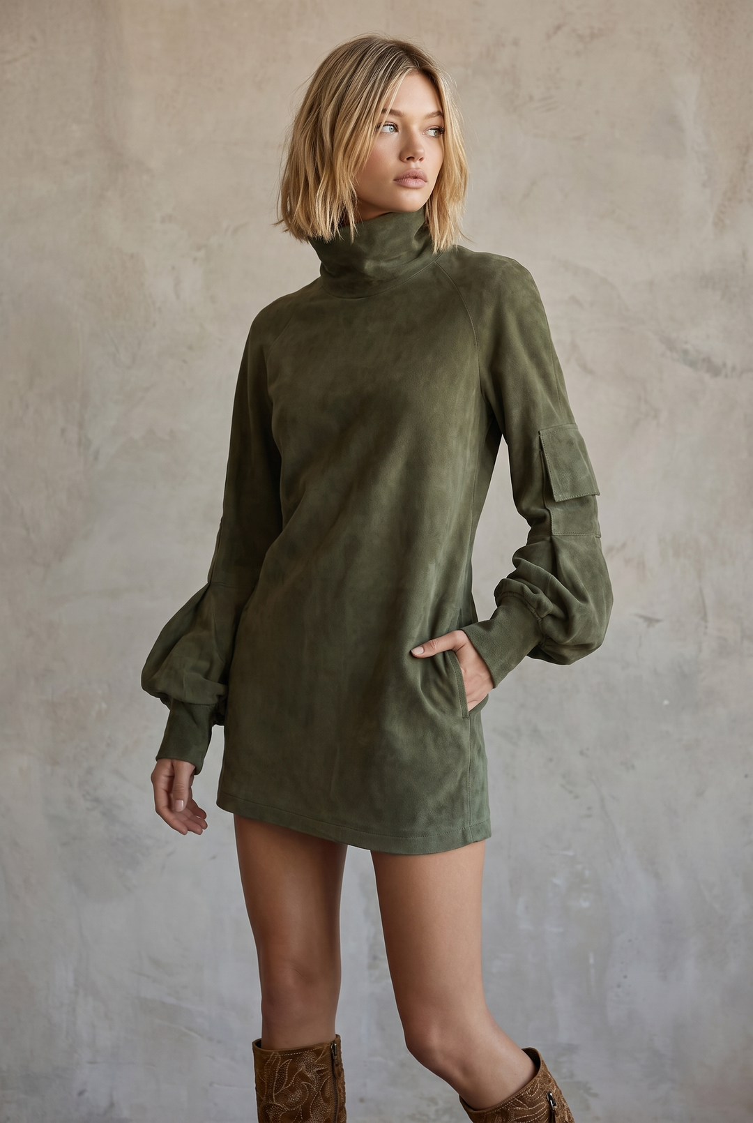 Vintage loose suede turtleneck mini dress in army green