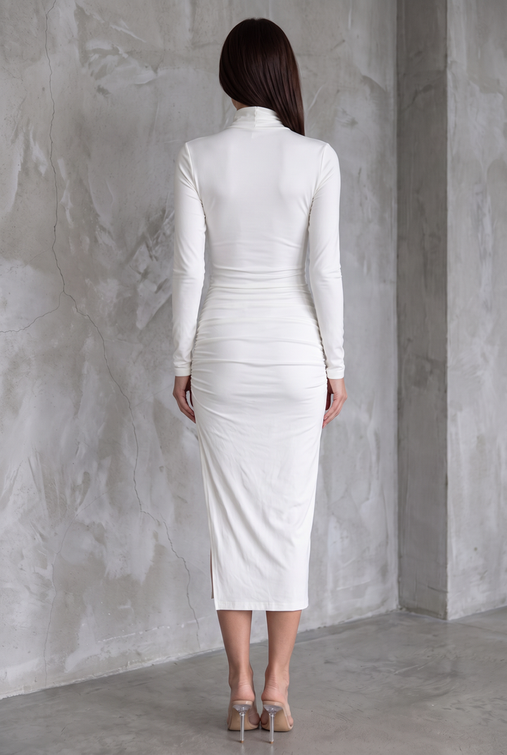 White slim-fitting midi dress with high neckline and ruched waist - back view