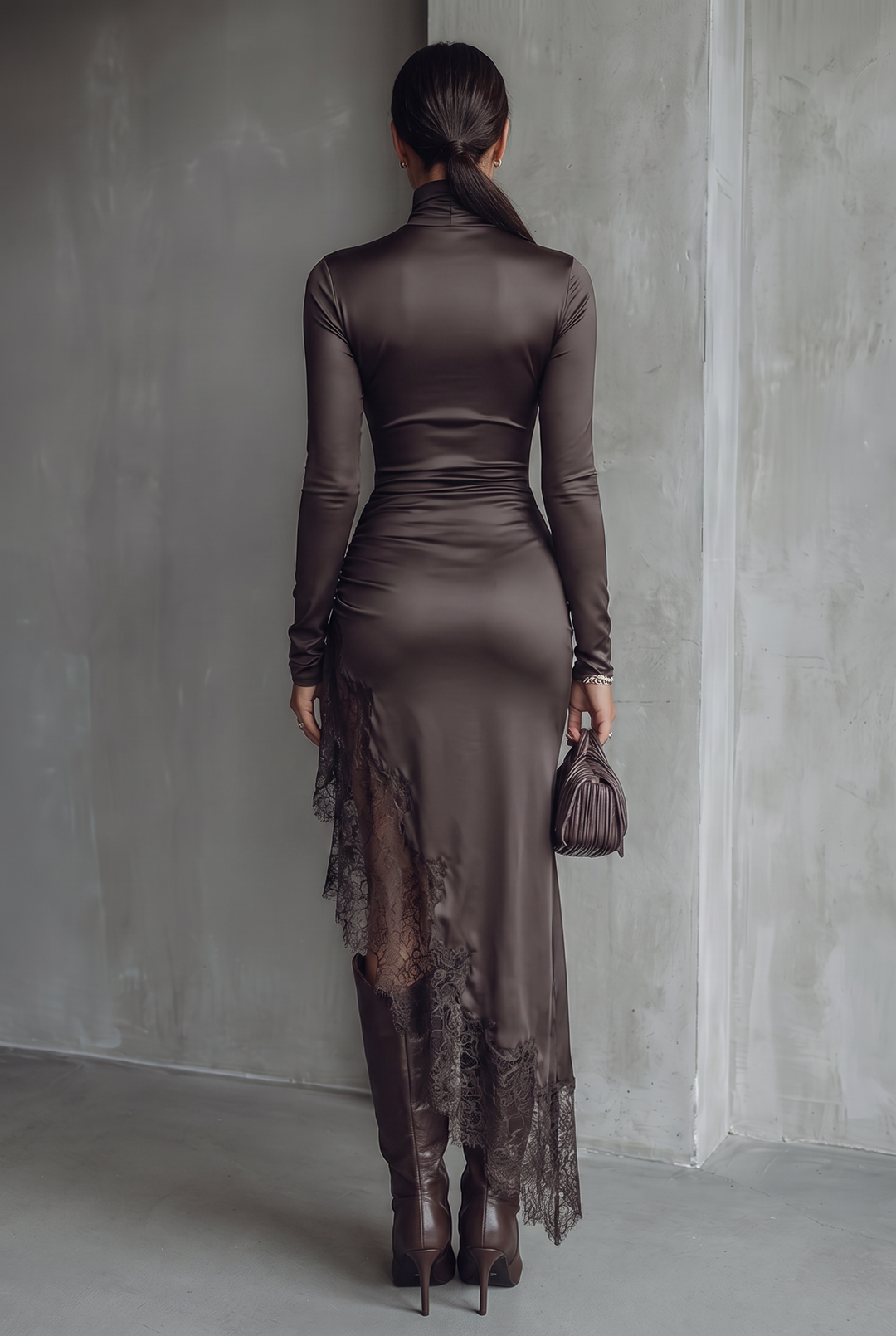 Dark brown satin slim maxi dress with irregular hem and lace - back view