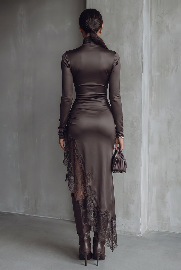 Dark brown satin slim maxi dress with irregular hem and lace - back view