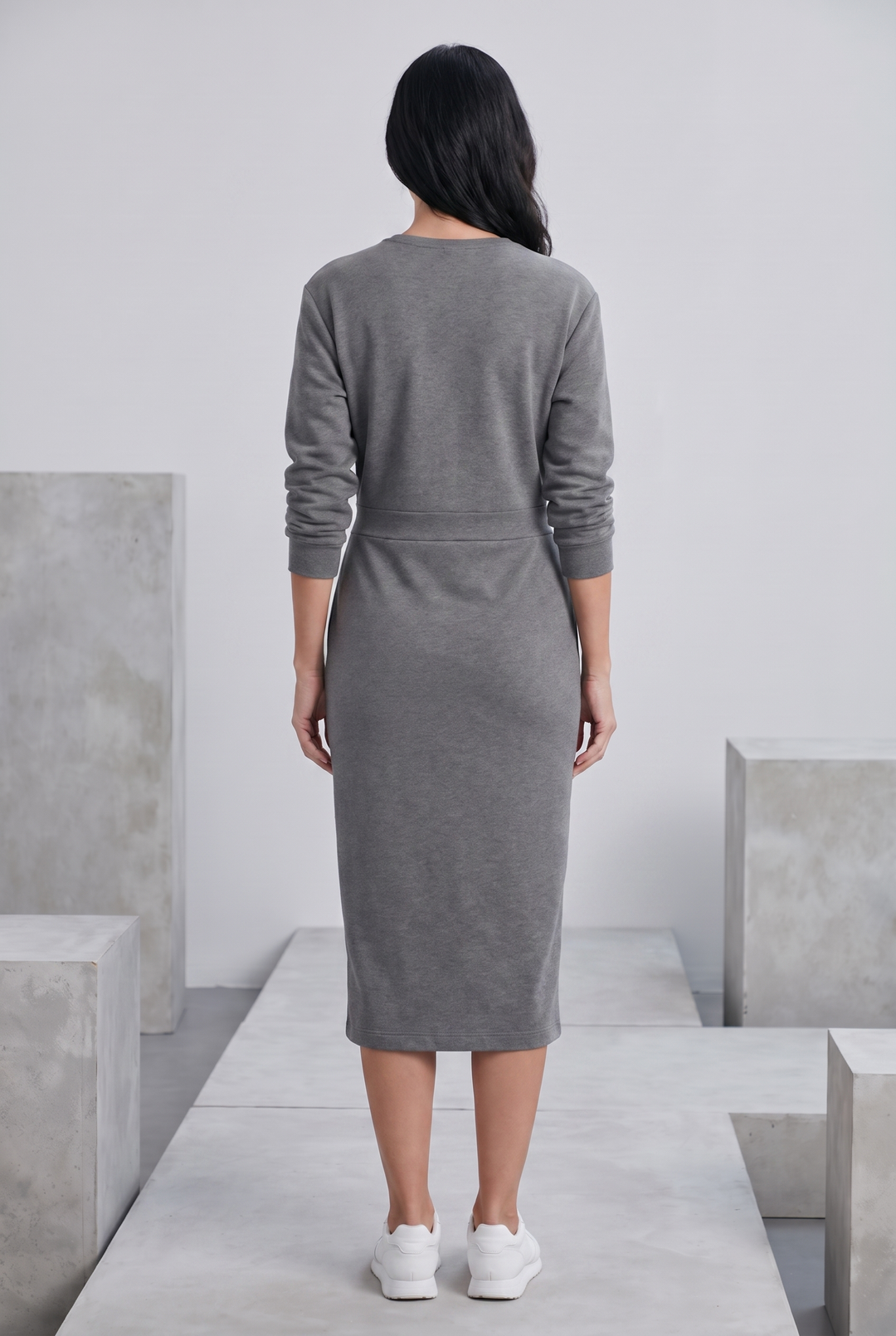 Grey cotton polyester half zip midi dress - back view