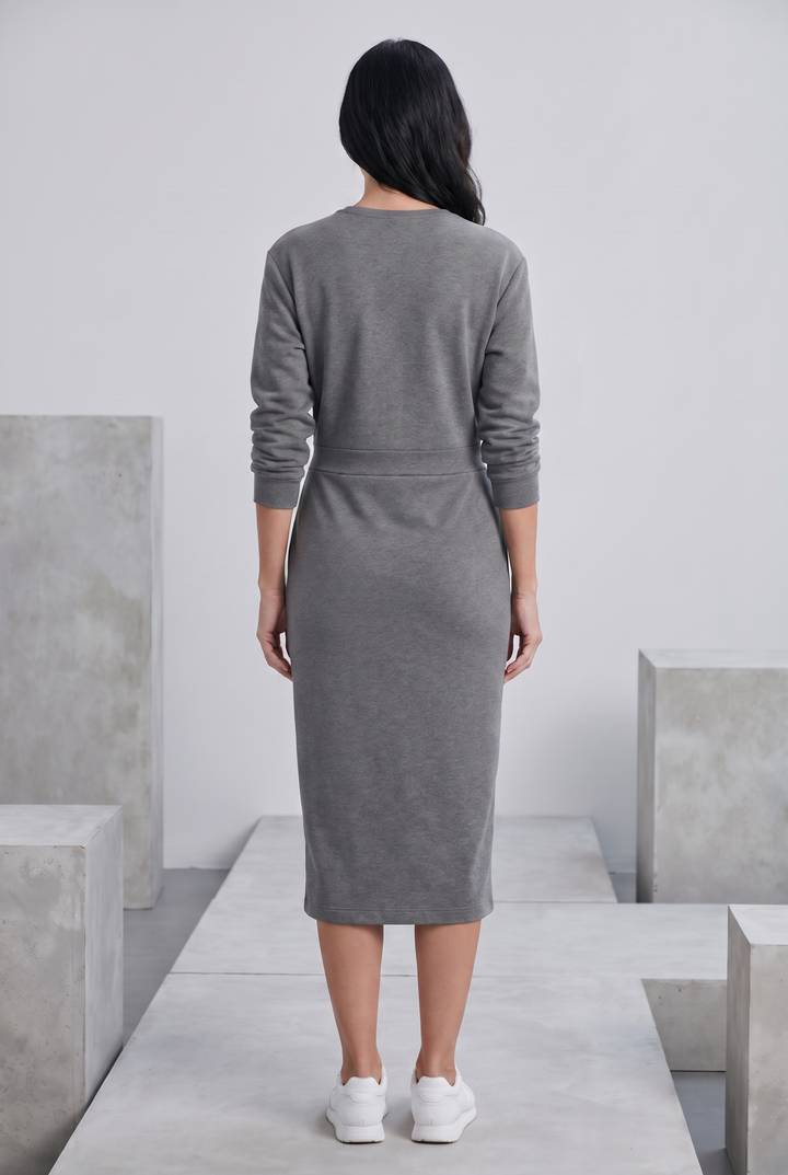 Grey cotton polyester half zip midi dress - back view