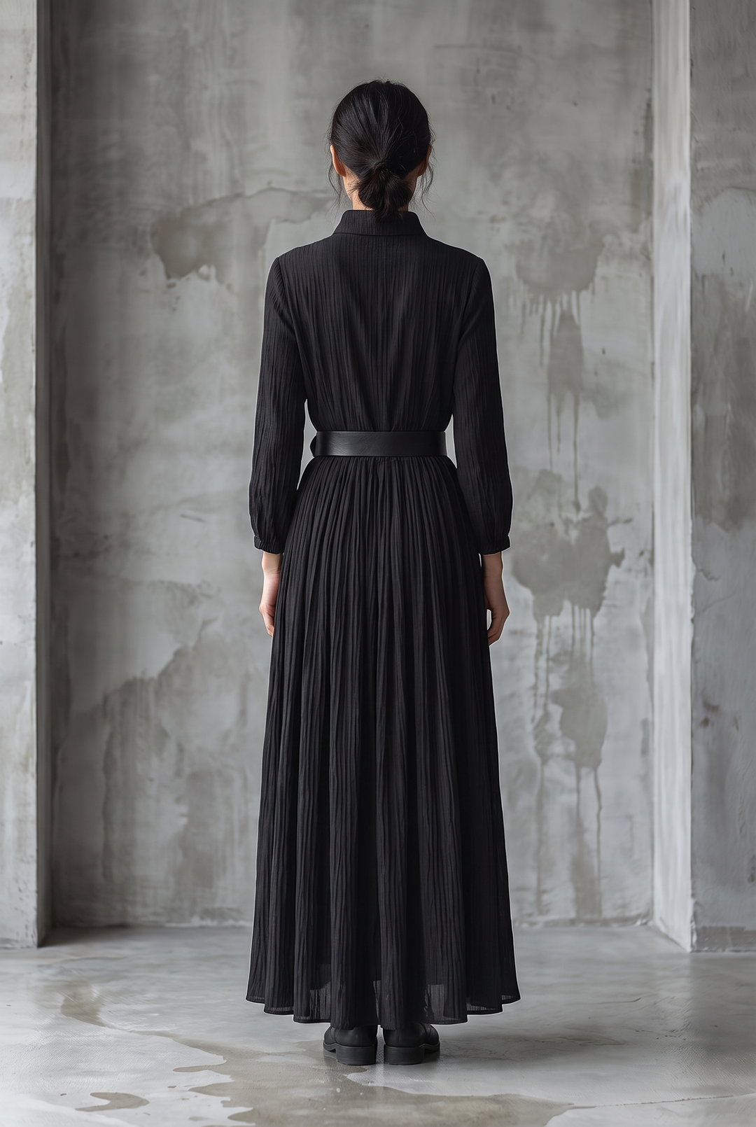 Black textured pleated vintage maxi dress - back view