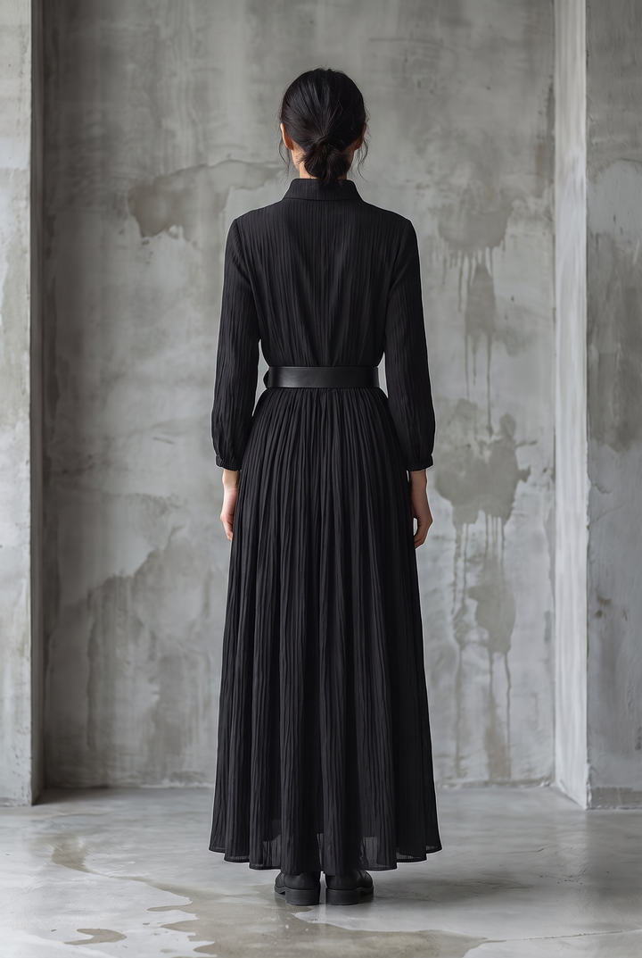 Black textured pleated vintage maxi dress - back view