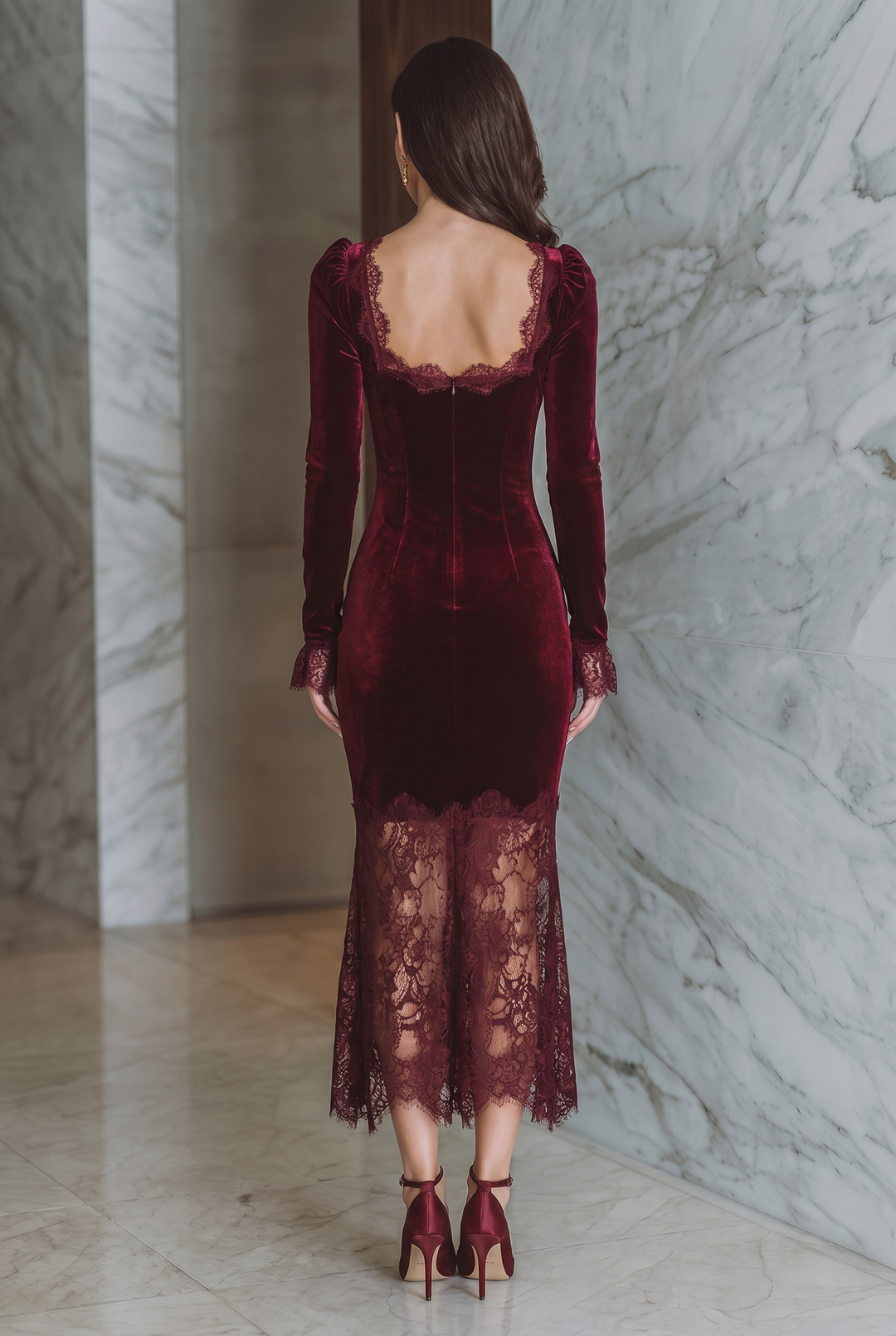 Burgundy velvet lace fitted maxi dress - back view