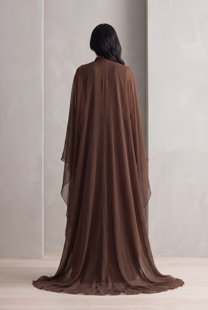 Rich brown chiffon maxi dress with cape-like design - back view
