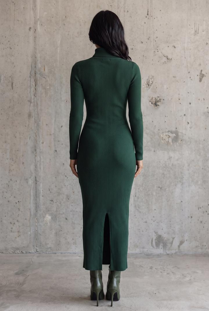 Dark green knitted high-neck wrap midi dress - back view