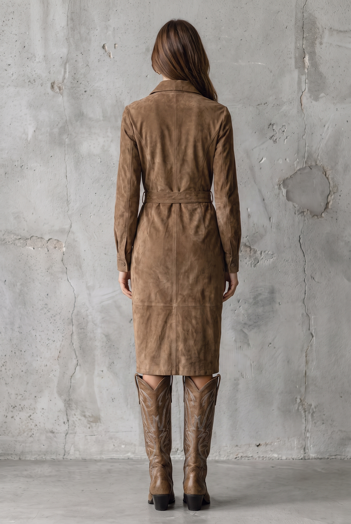 Brown suede single breasted lapel long sleeve midi dress - back view