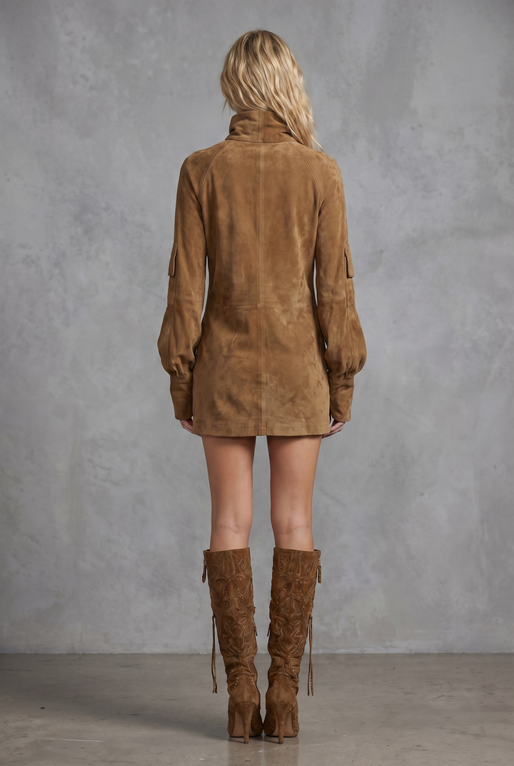 Brown vintage loose suede turtleneck mini dress - back view