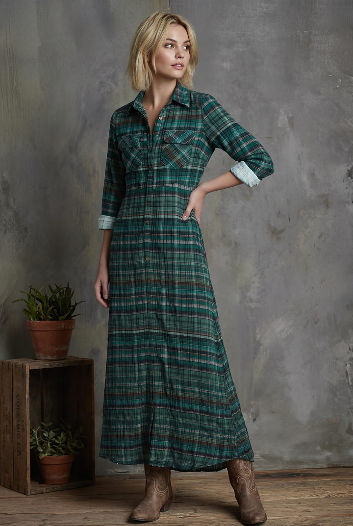 Green plaid print long-sleeved shirt maxi dress - front view