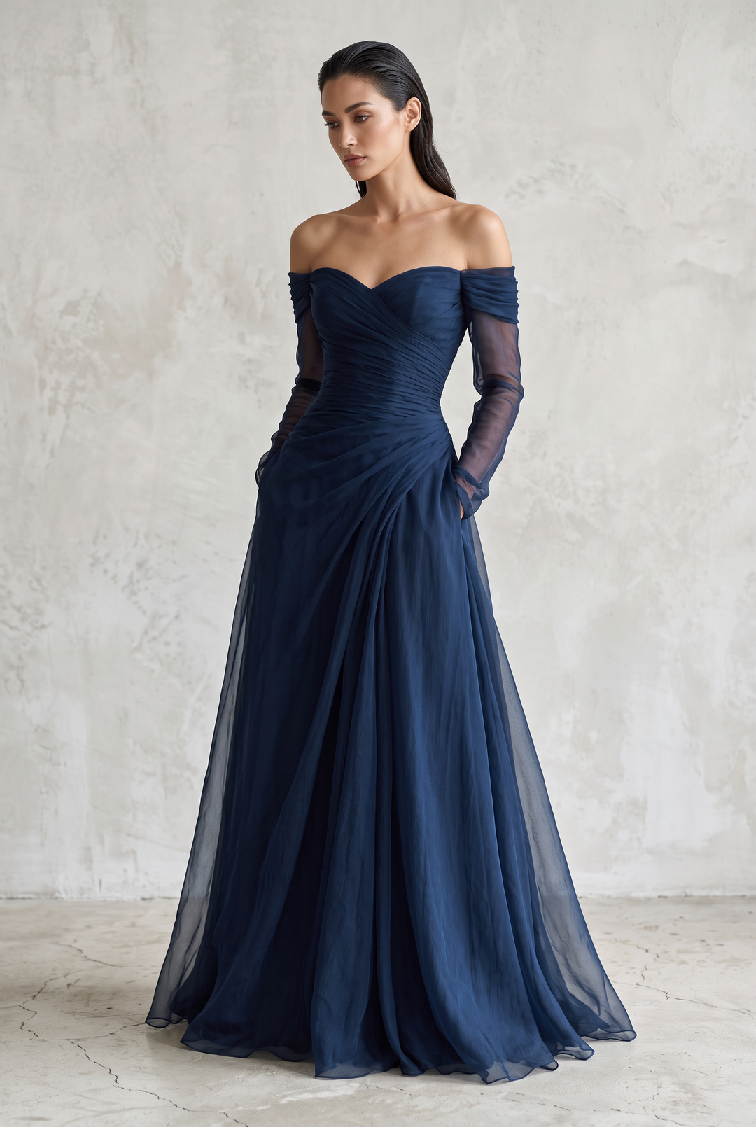 Dark blue chiffon organza off-shoulder fitted maxi dress - front view