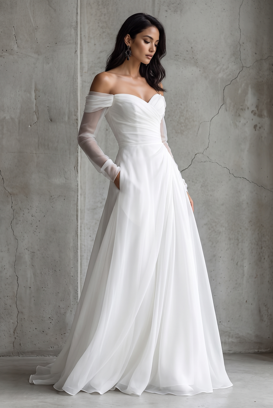 Chiffon organza off-shoulder fitted maxi dress in white