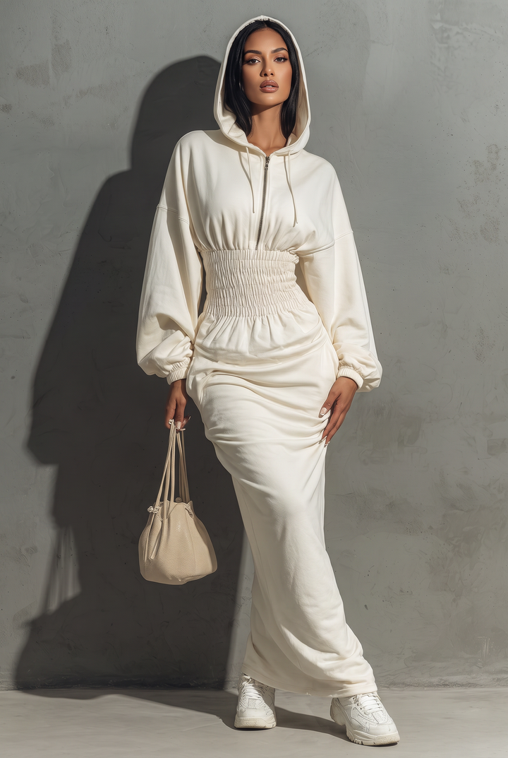 Ivory white hooded sweatshirt maxi dress with waist shirring - front view