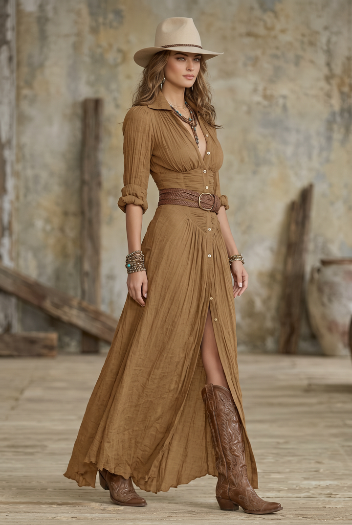 Imitation cotton and linen pleated lapel maxi dress in brown