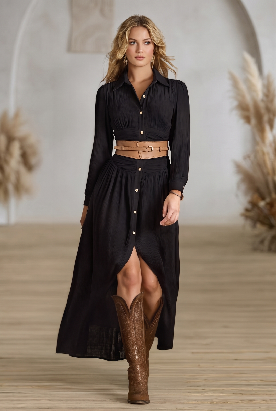 Black pleated lapel single-breasted maxi dress - front view