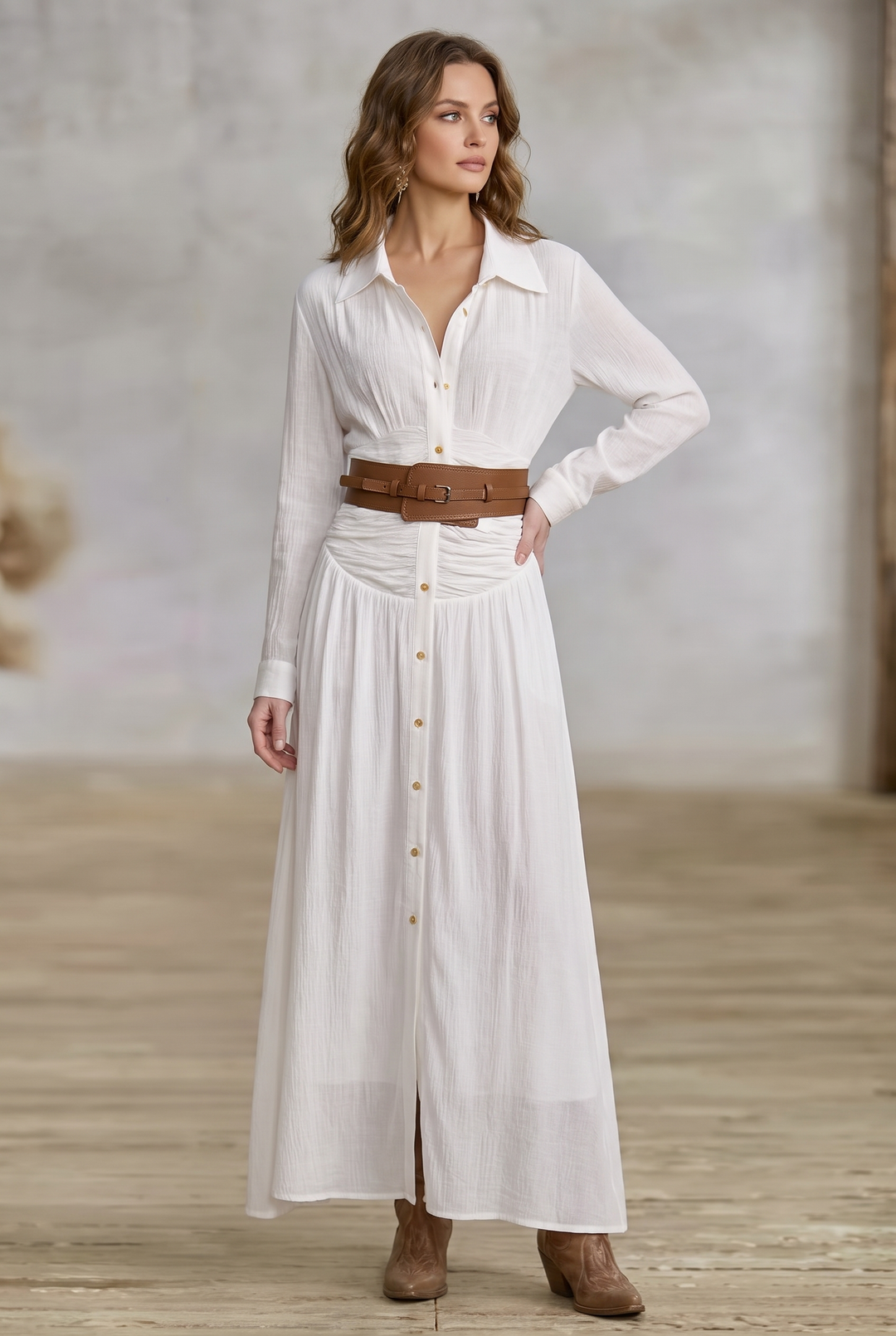 Pleated lapel single-breasted maxi dress in white