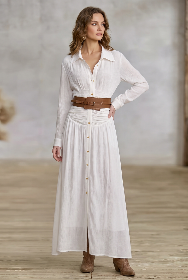 Pleated lapel single-breasted maxi dress in white
