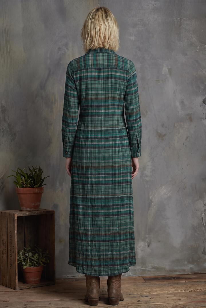Green plaid print long-sleeved shirt maxi dress - back view