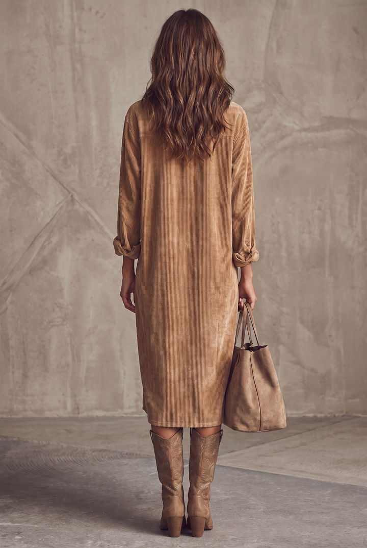 Brown loose corduroy single breasted midi dress with chest pockets - back view